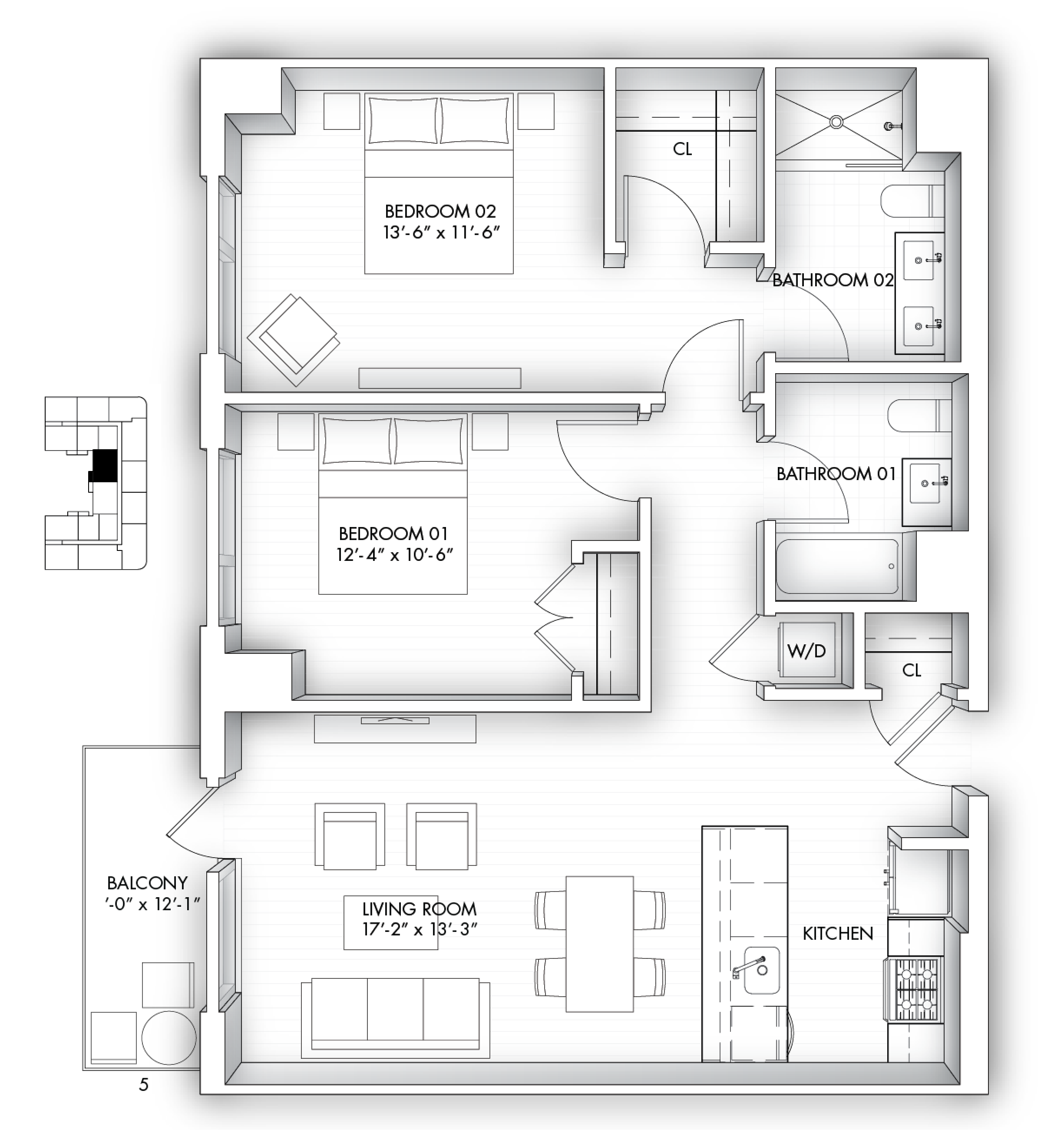 Floor plan for 2 beds, 2 baths, 1033 sqft
